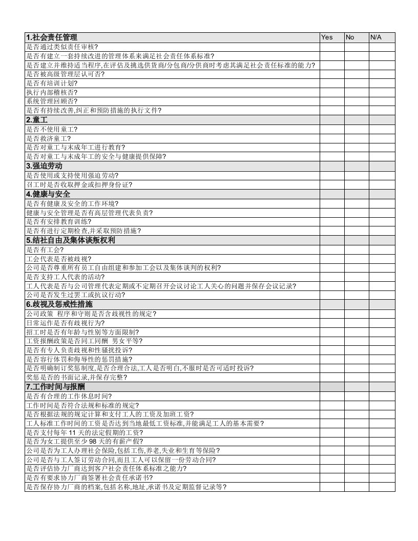 社会责任内部审核检查表