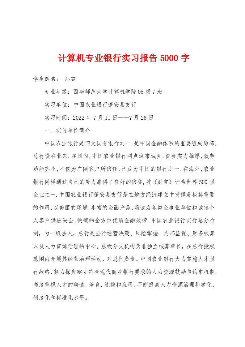 计算机专业银行实习报告5000字