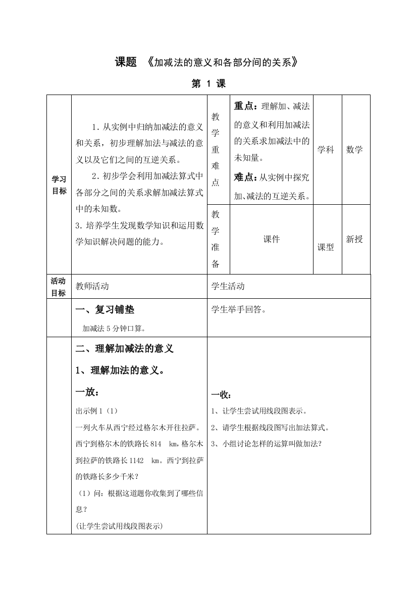 《加减法的意义和各部分间的关系》教学设计