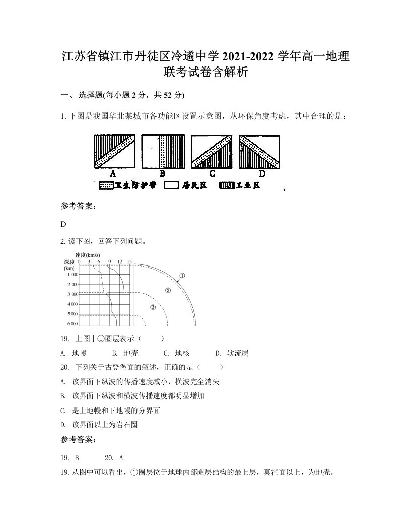 江苏省镇江市丹徒区冷遹中学2021-2022学年高一地理联考试卷含解析