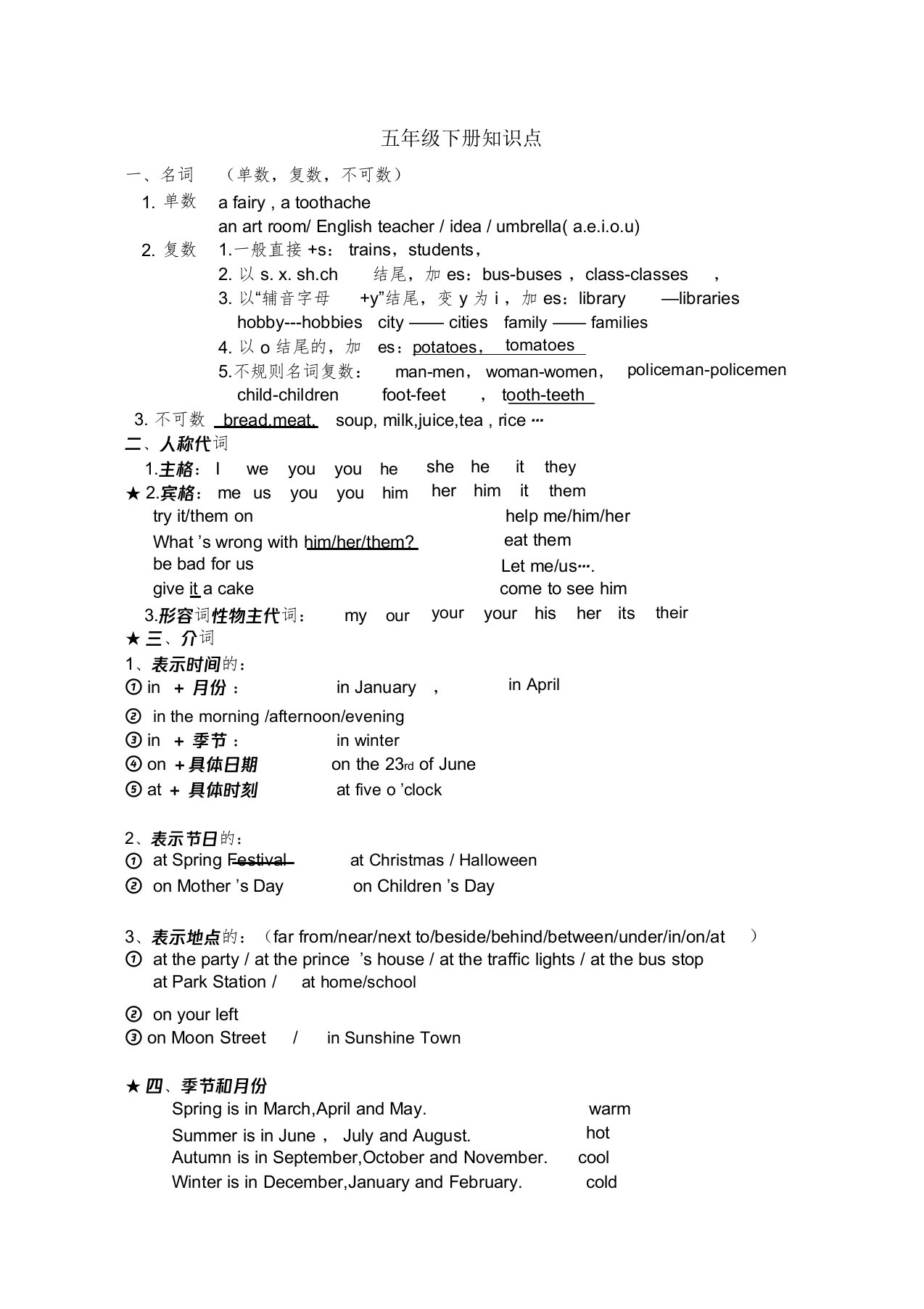 译林版五年级英语下册语法知识点总复习