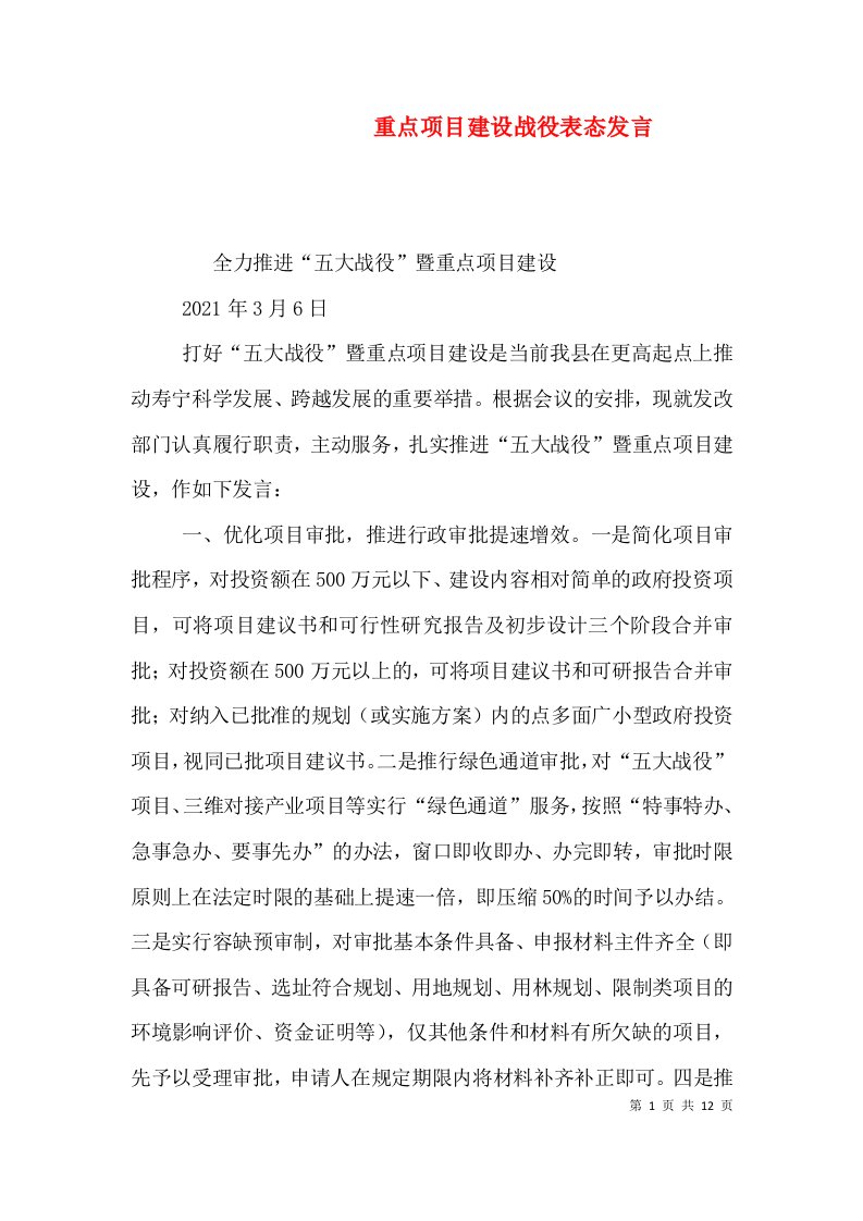 重点项目建设战役表态发言