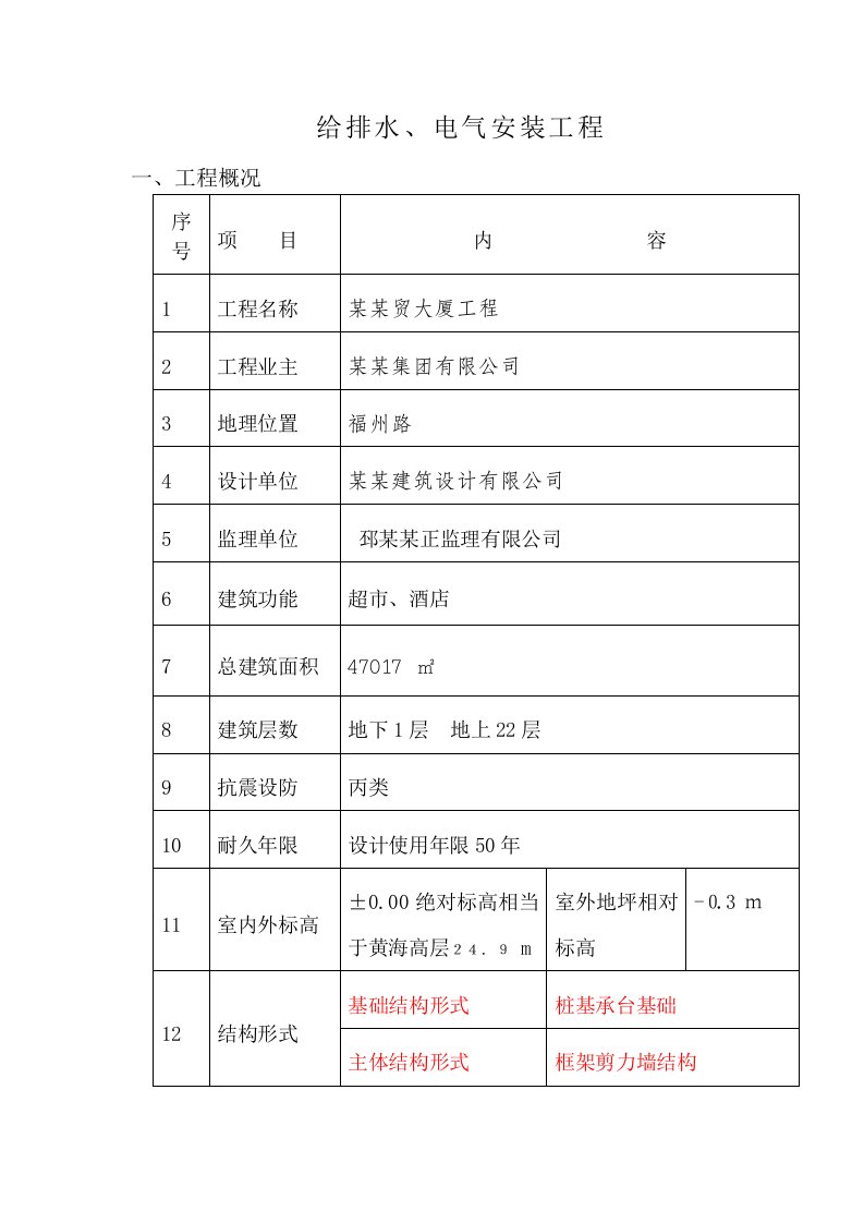 东方国贸电气及给排水安装工程施工方案