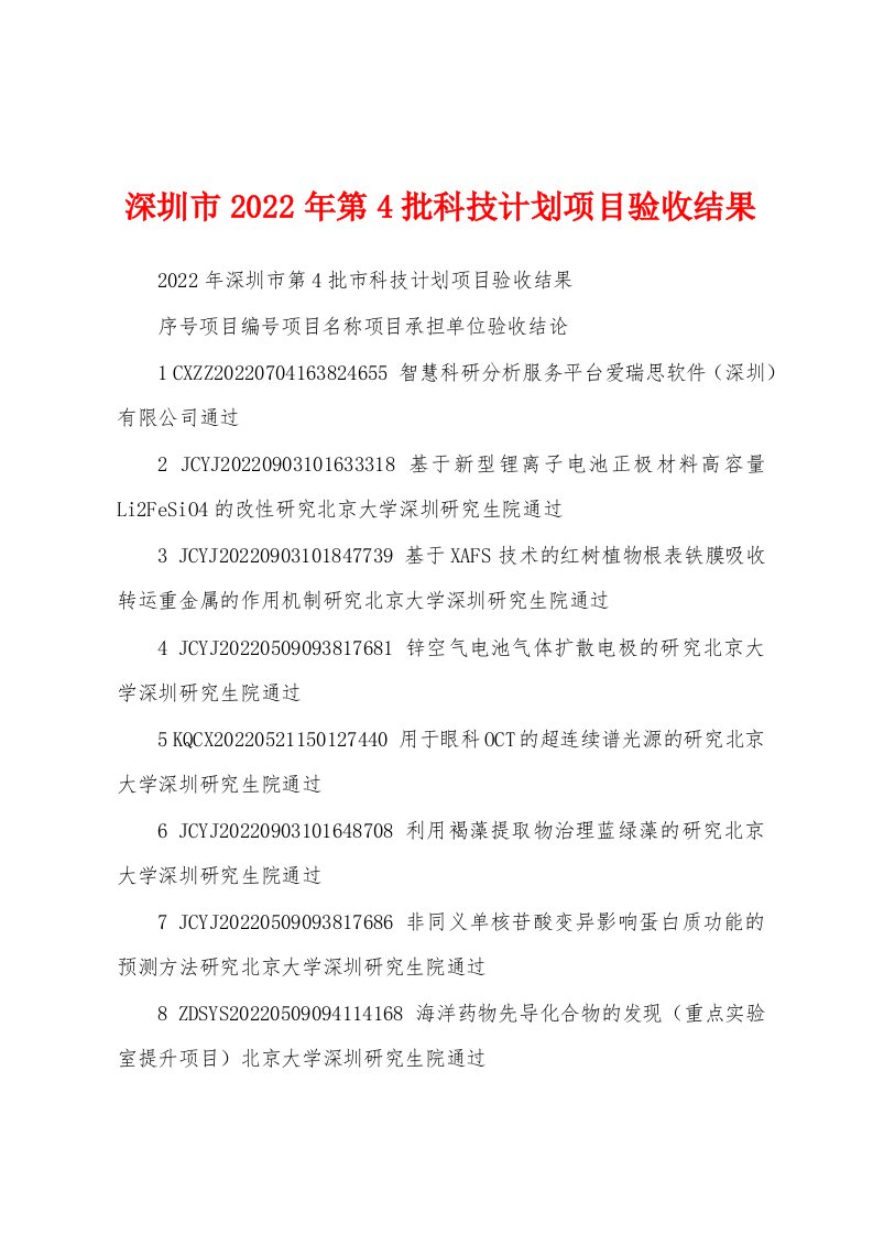 深圳市2022年第4批科技计划项目验收结果