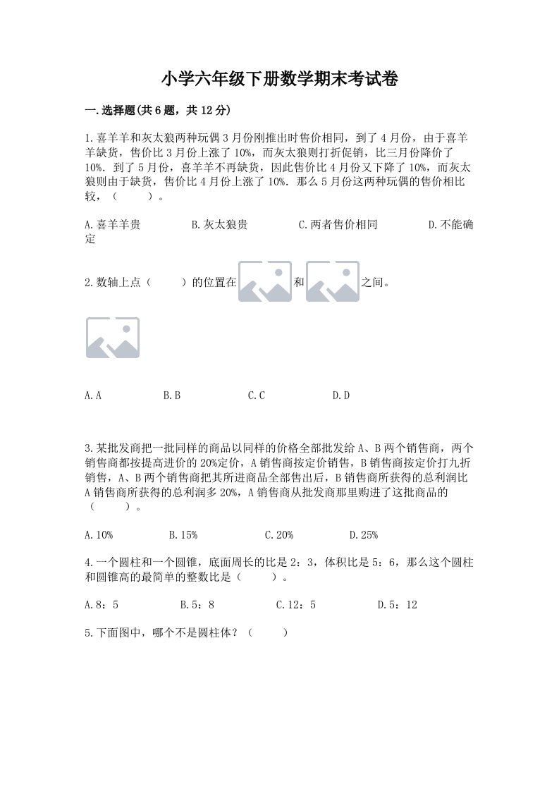 小学六年级下册数学期末考试卷附参考答案【巩固】