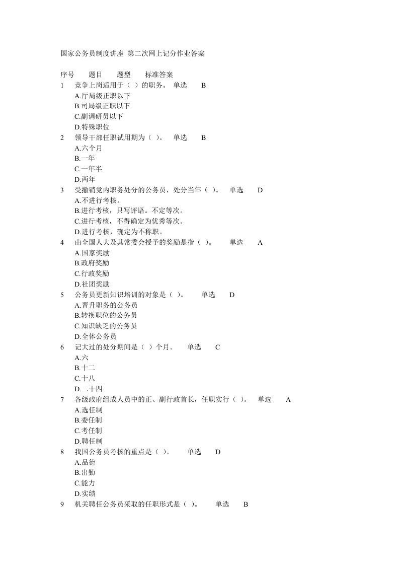 国家公务员制度讲座第二次网上记分作业答案