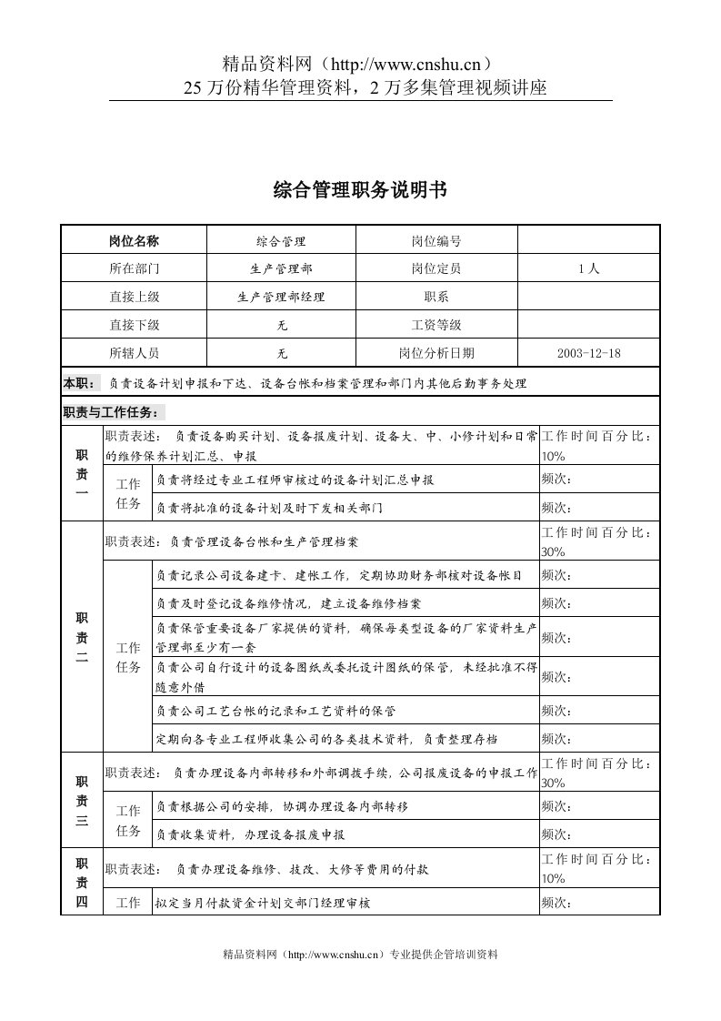 湖北新丰化纤公司生产管理部综合管理职务说明书