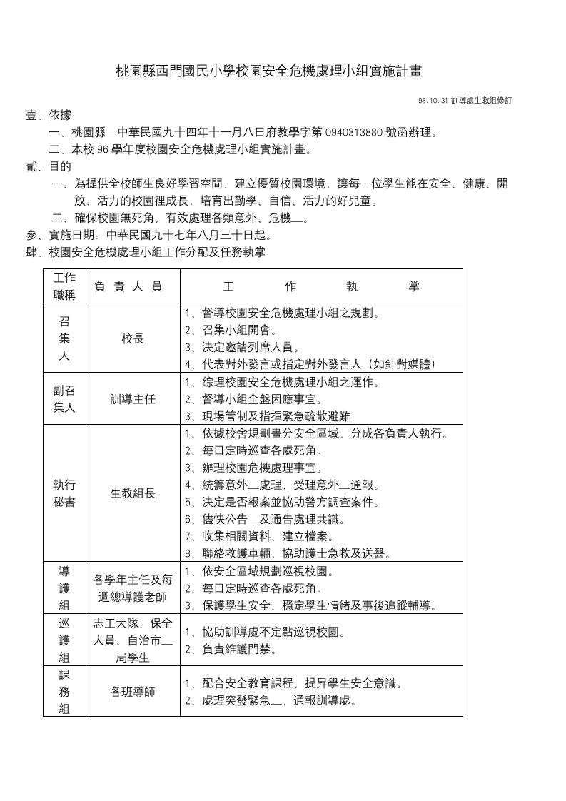 桃园县西门国民小学校园安全危机处理小组实施计画