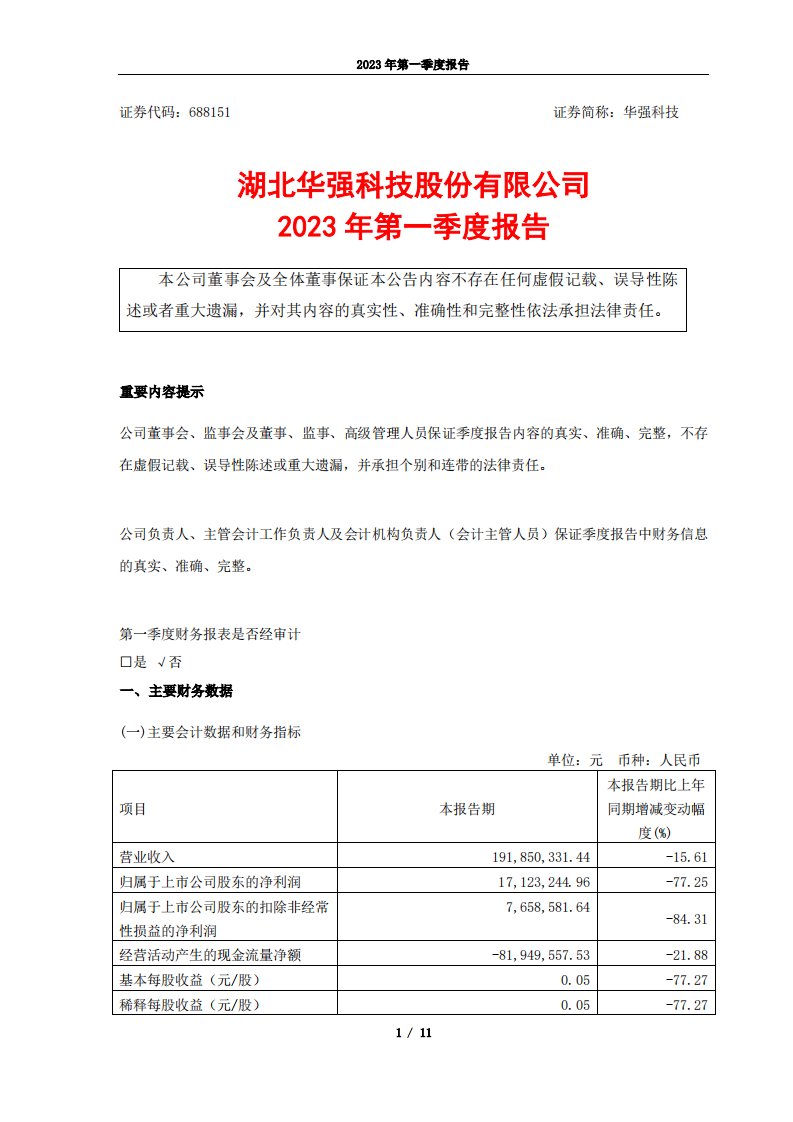 上交所-湖北华强科技股份有限公司2023年第一季度报告-20230420