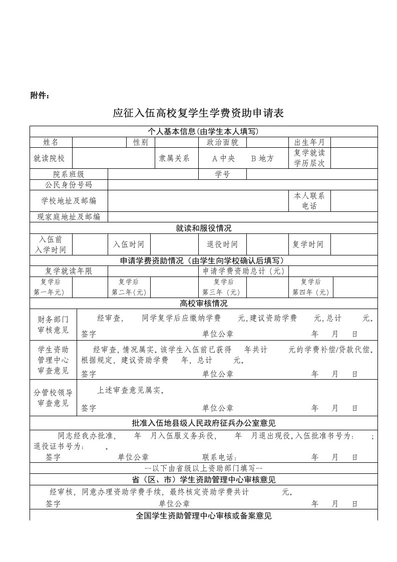 退役士兵复学学费资助申请表