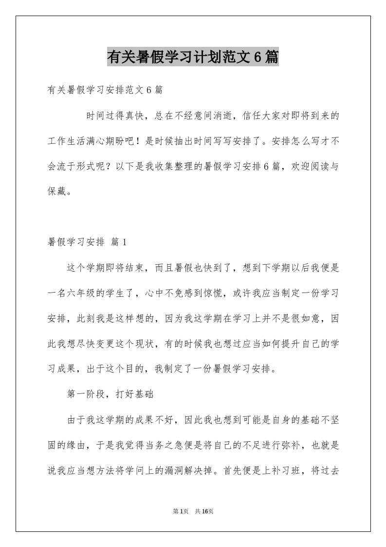 有关暑假学习计划范文6篇