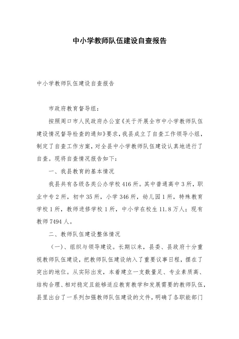 中小学教师队伍建设自查报告