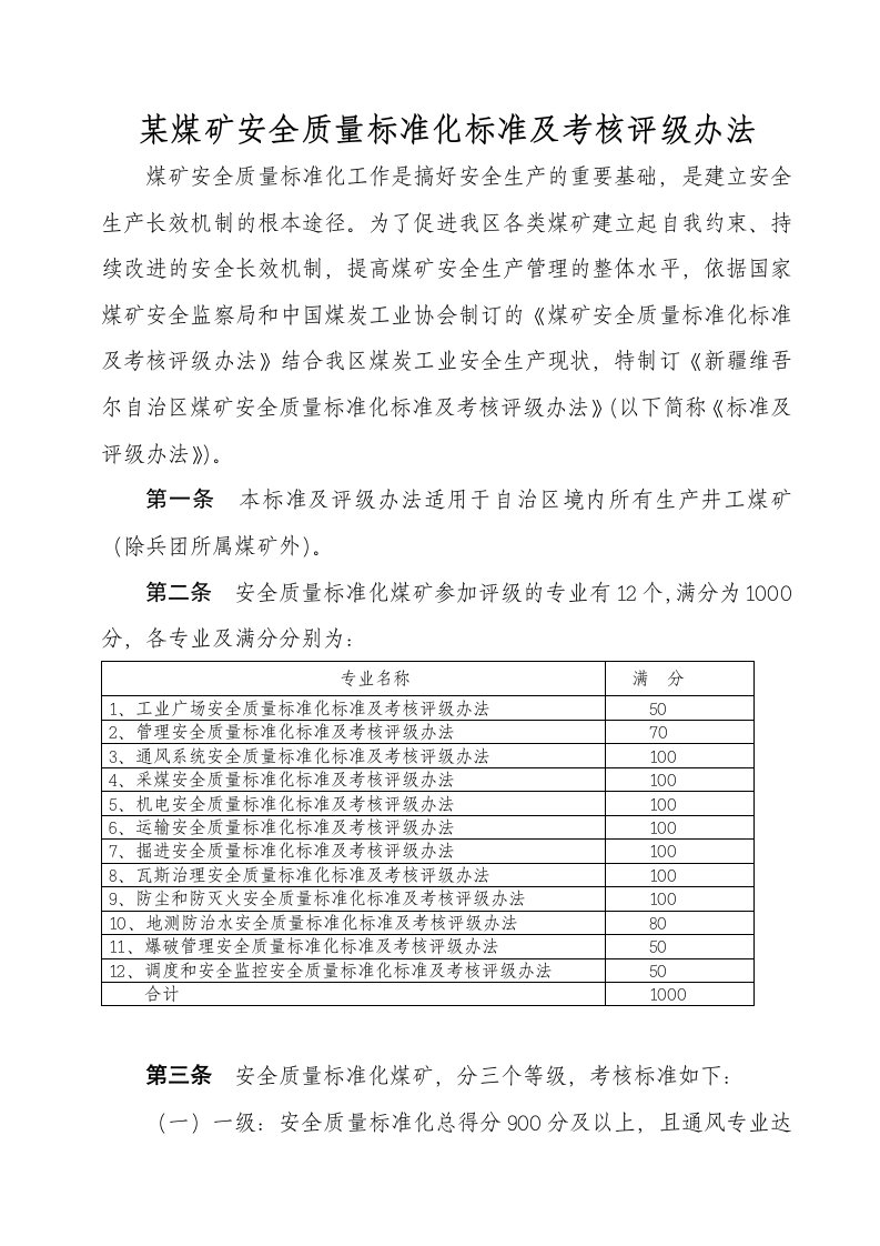 某煤矿安全质量标准化标准及考核评级办法