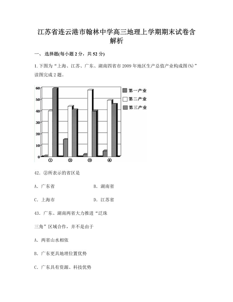 江苏省连云港市翰林中学高三地理上学期期末试卷含解析