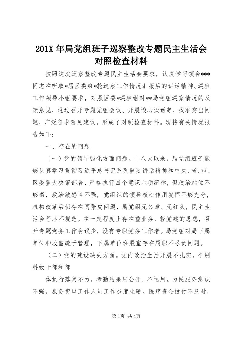 0X年局党组班子巡察整改专题民主生活会对照检查材料