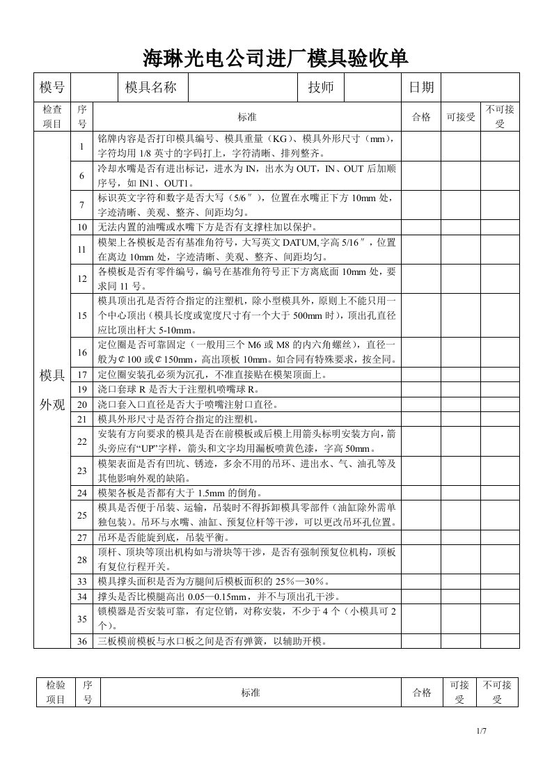 海琳光电公司进厂模具验收单(doc)-五金塑胶