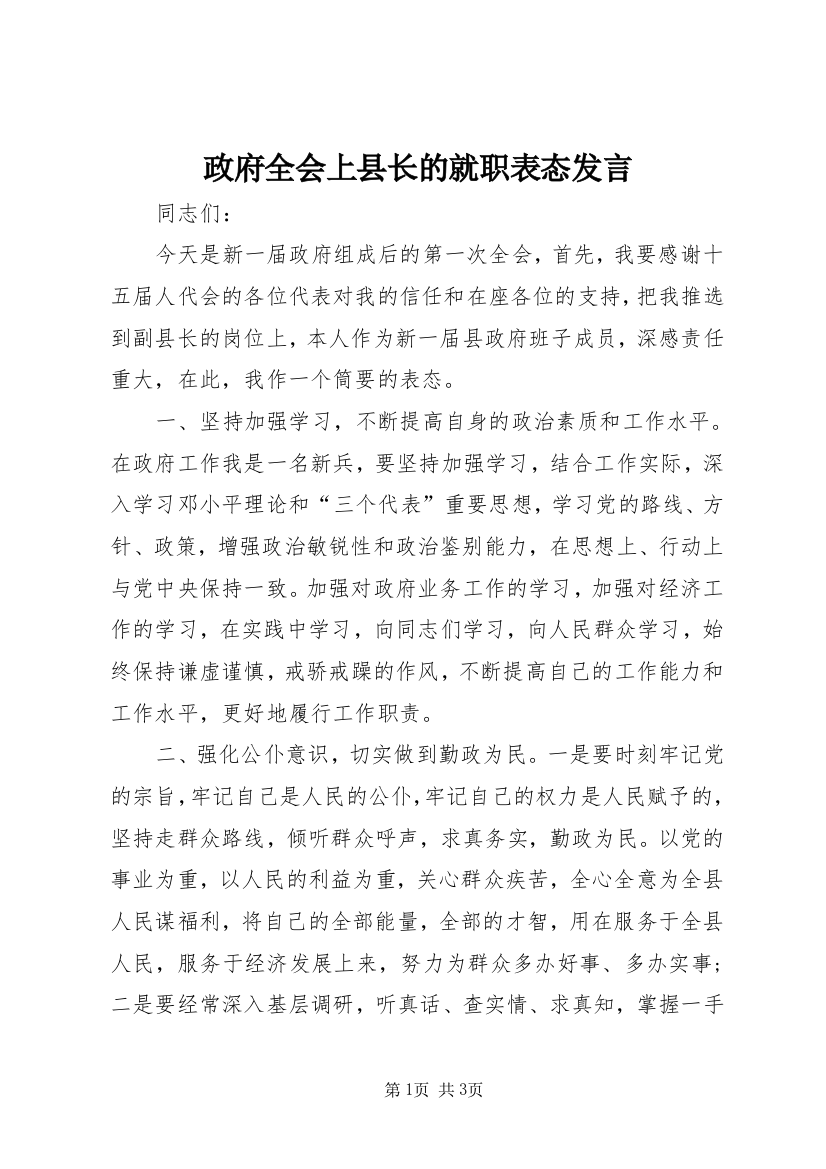 政府全会上县长的就职表态发言