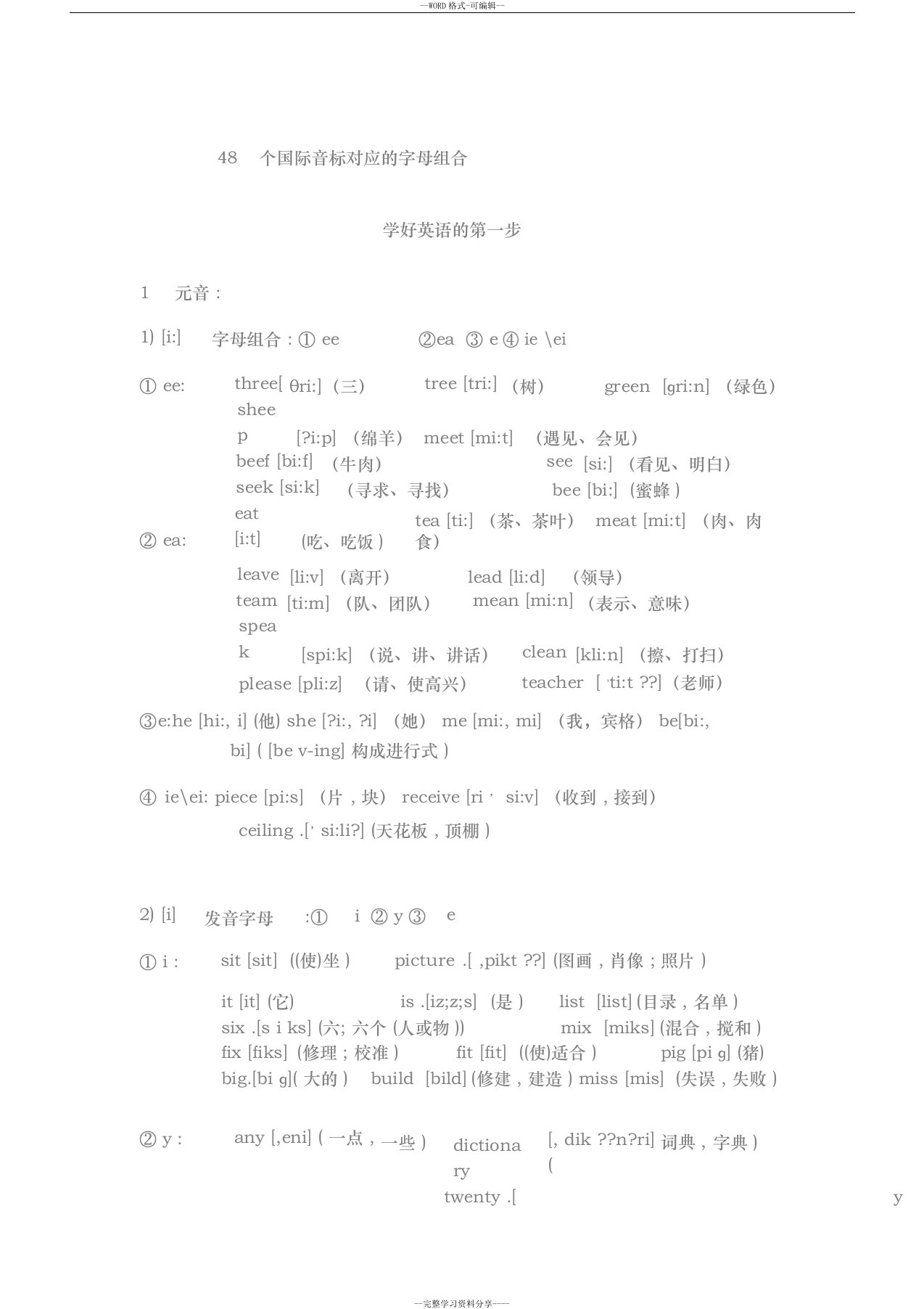 英语48个国际音标对应的字母组合