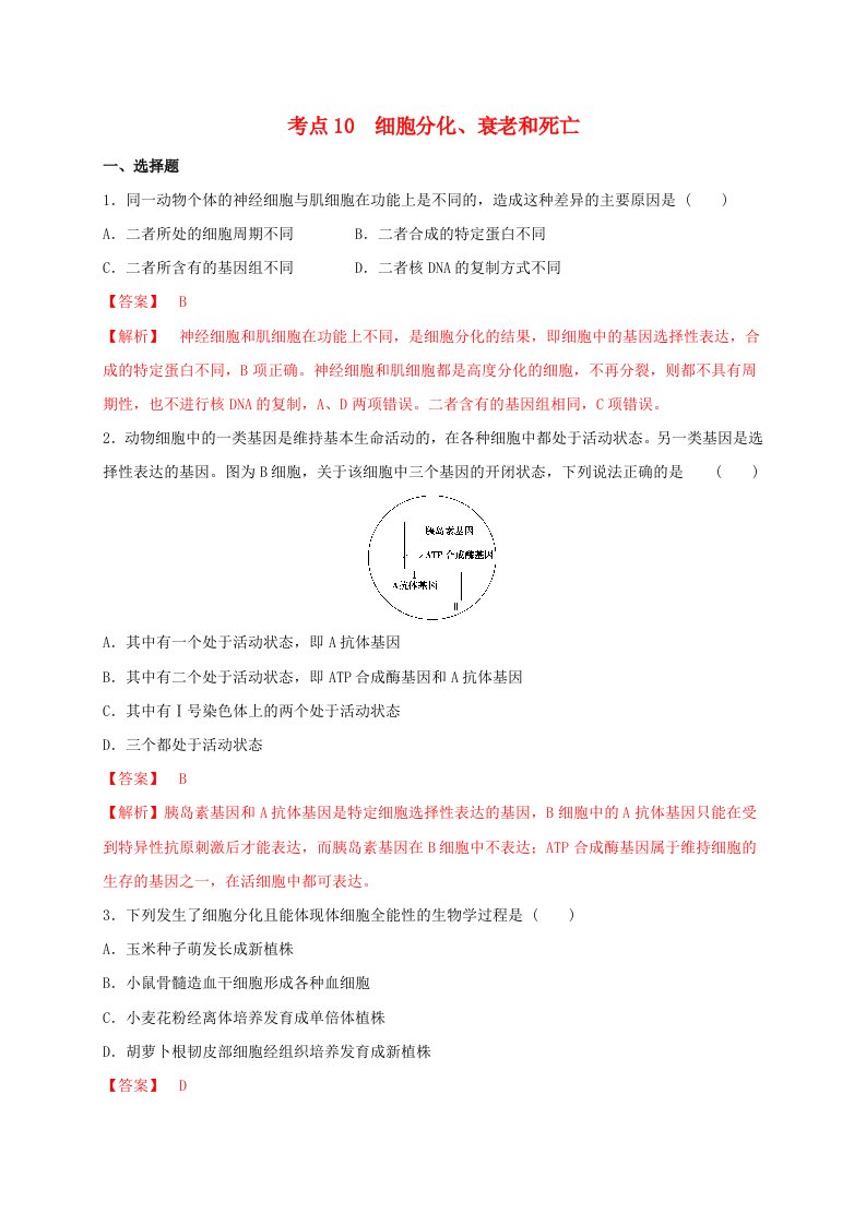 2023_2024学年高一生物期末复习核心考点必刷200题考点10细胞分化衰老和死亡教师版新人教版必修1