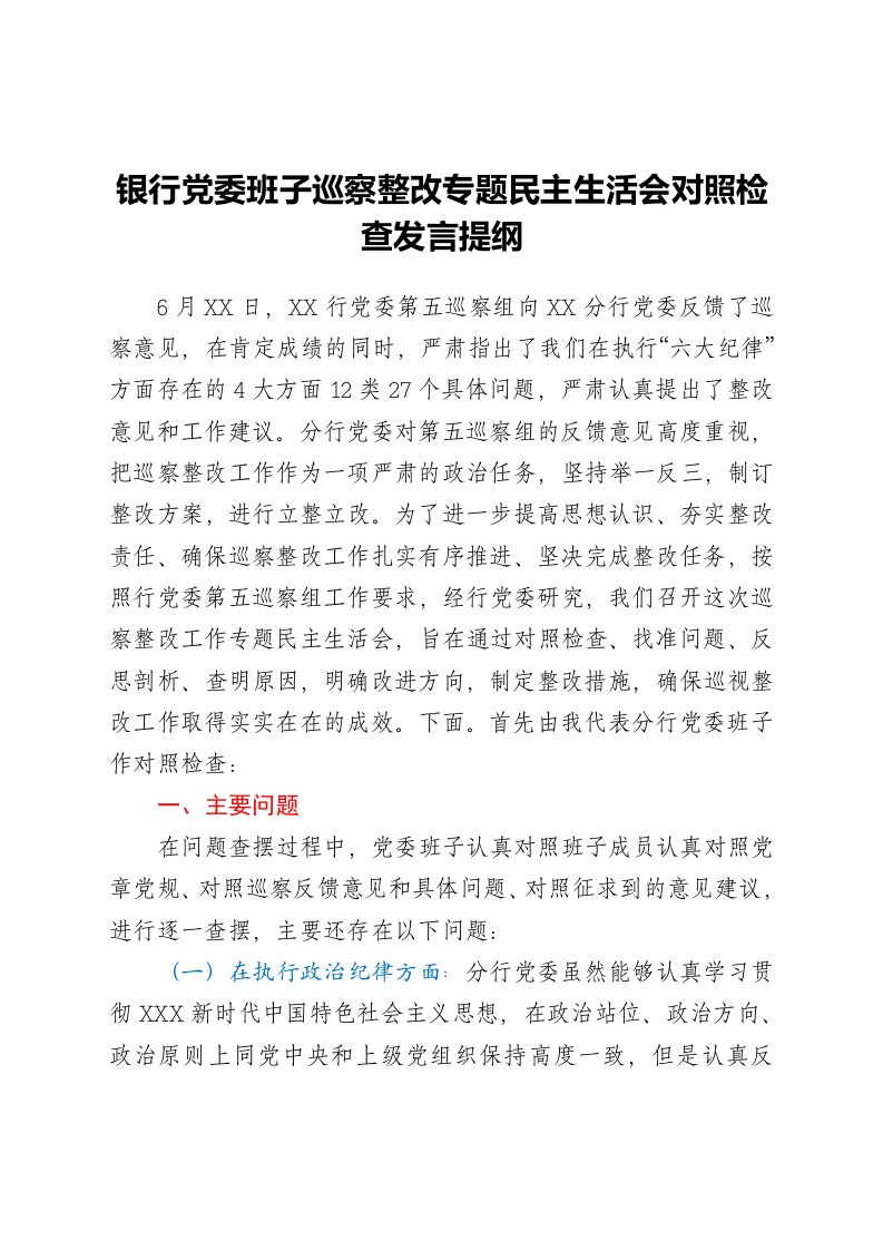 银行党委班子巡察整改专题民主生活会对照检查发言提纲