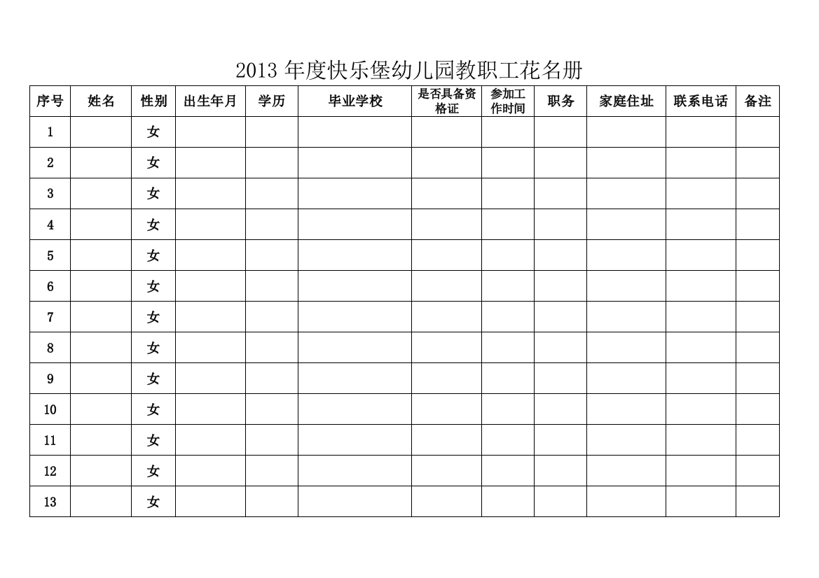 幼儿园教职工花名册