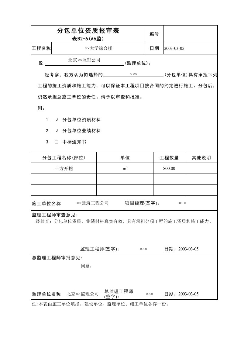 建筑工程-分包单位资质报审表A6监