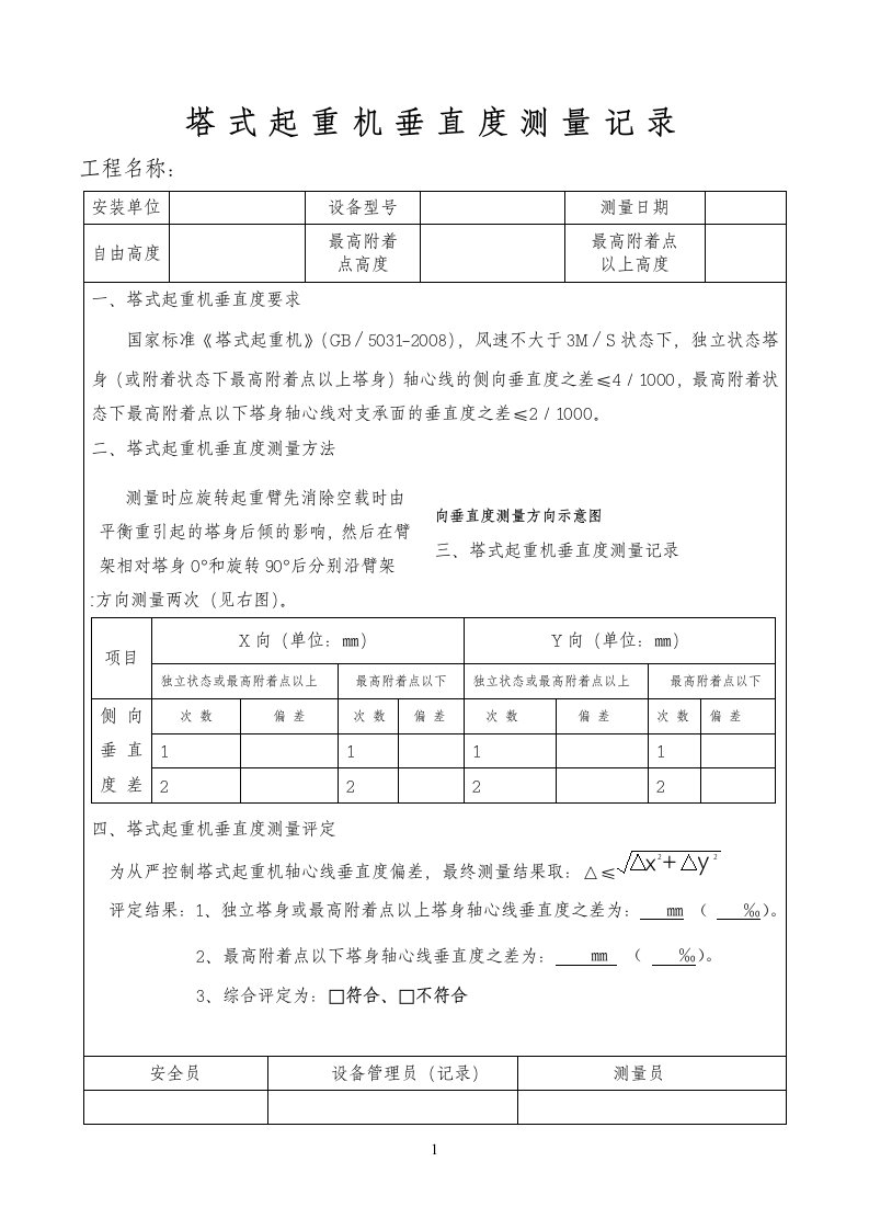 塔式起重机垂直度测量记录