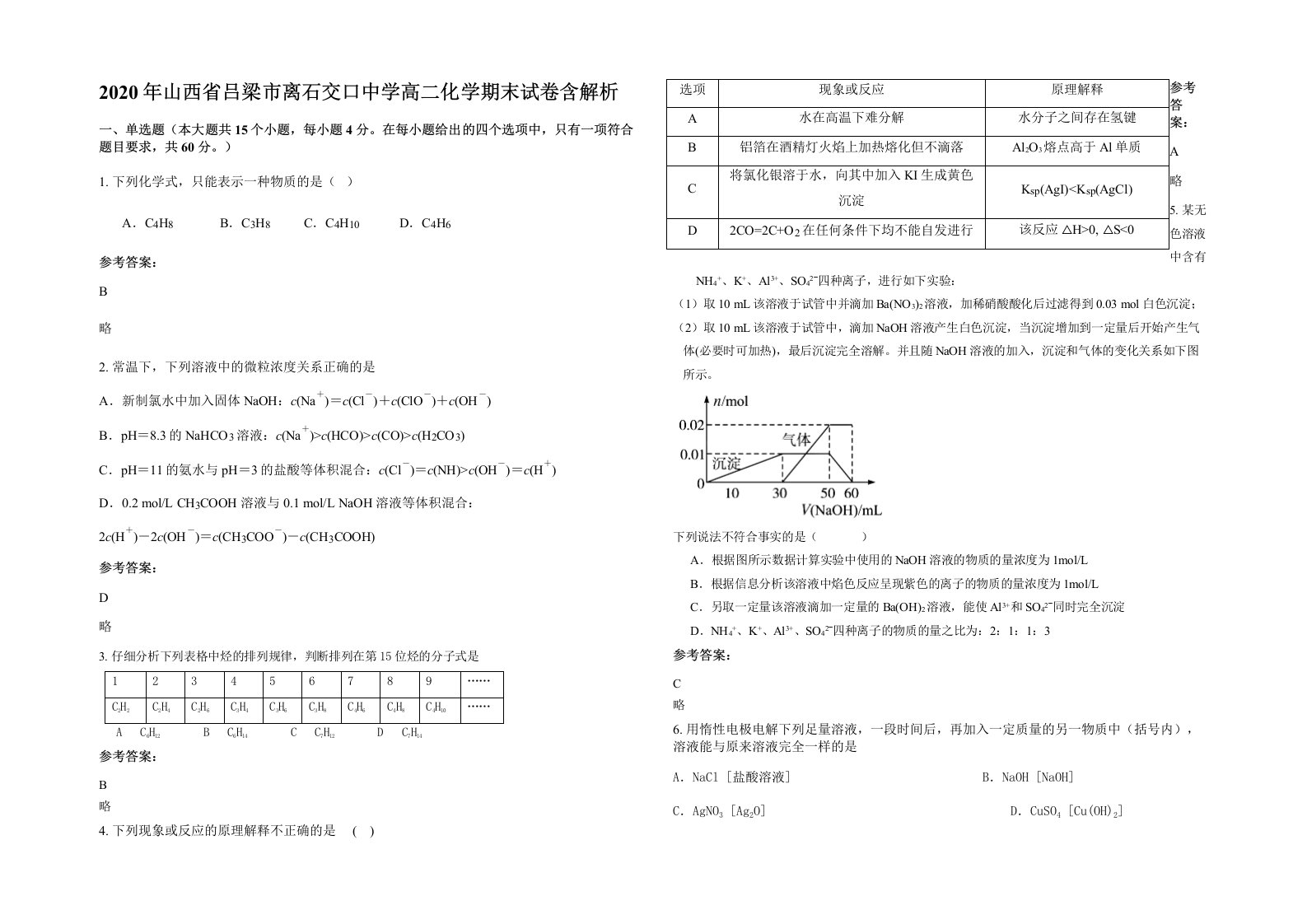 2020年山西省吕梁市离石交口中学高二化学期末试卷含解析