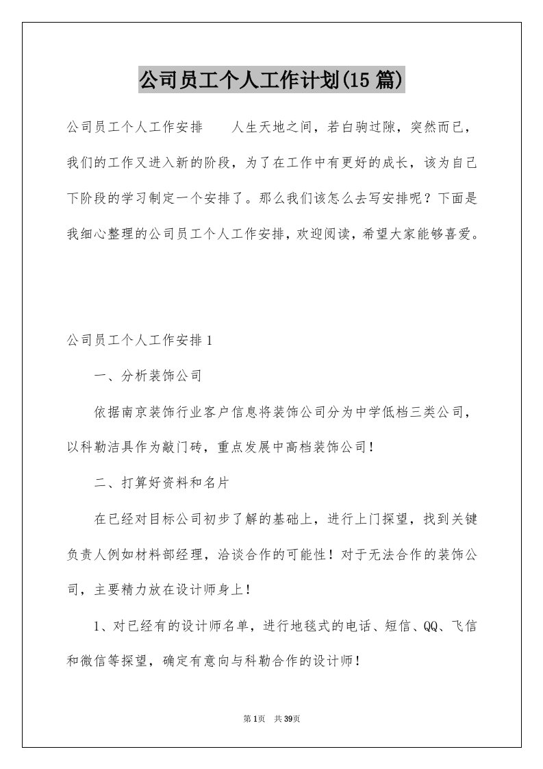 公司员工个人工作计划15篇例文