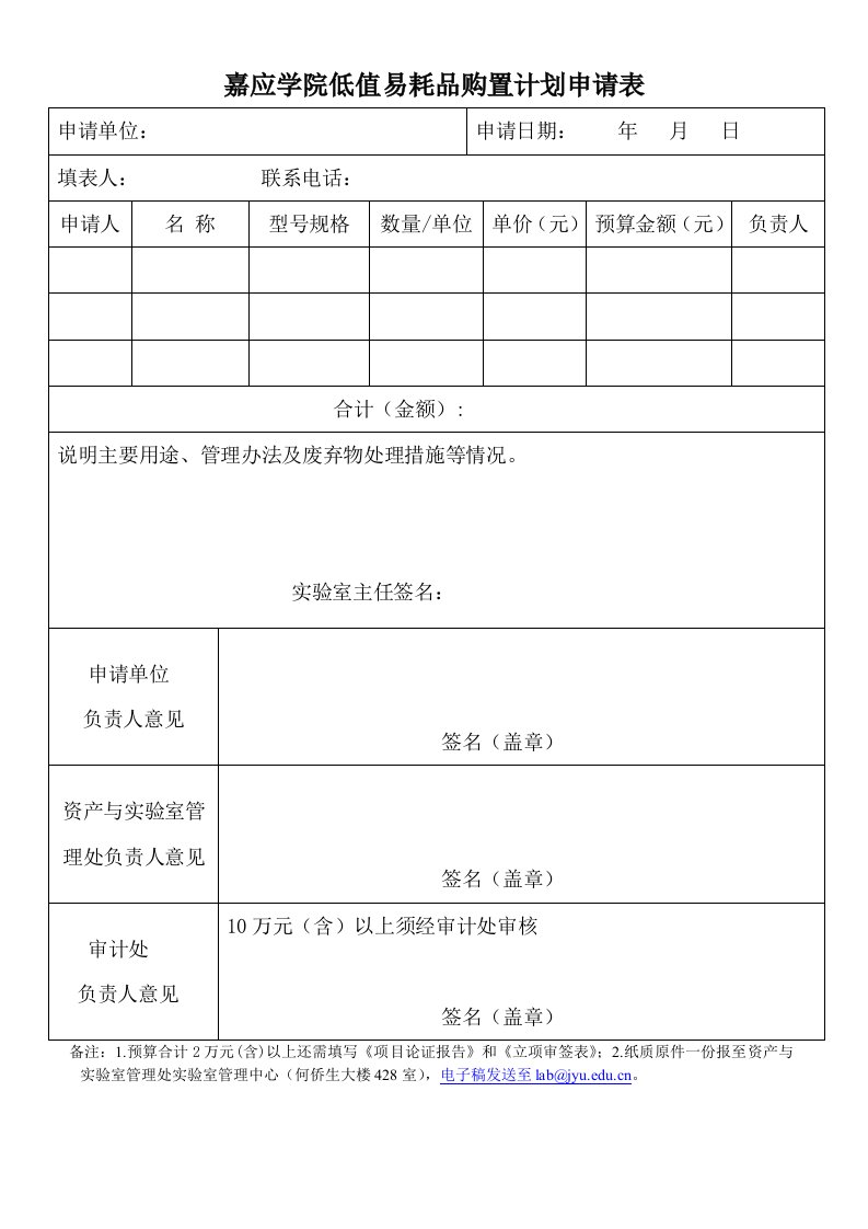 嘉应学院低值易耗品购置计划申请表