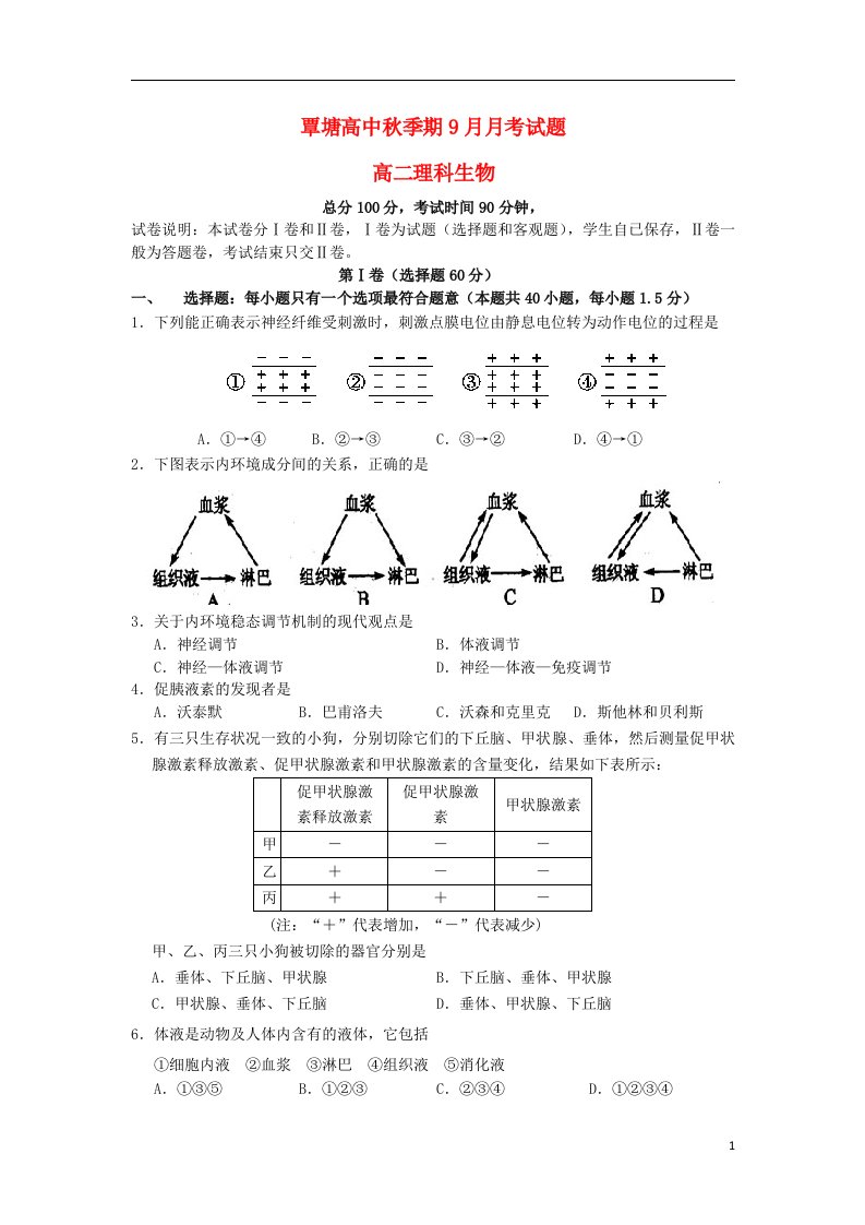 广西贵港市覃塘高中高二生物9月月考试题