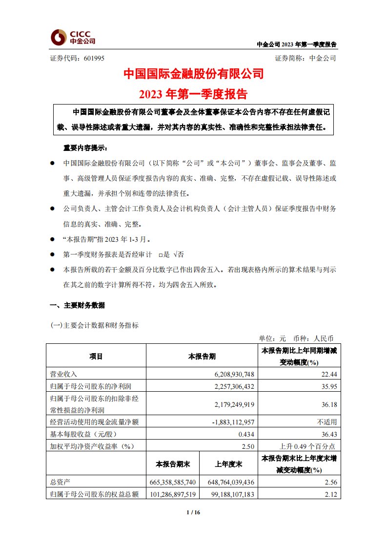 上交所-中金公司2023年第一季度报告-20230428