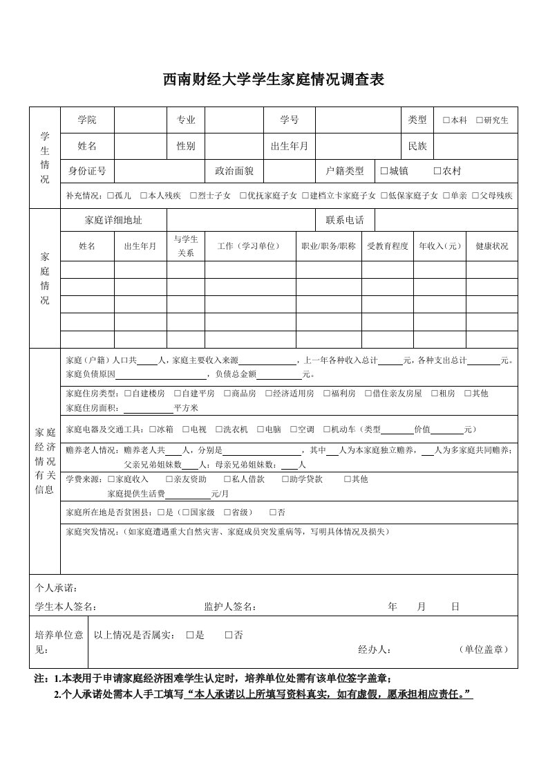 西南财经大学学生家庭情况调查表