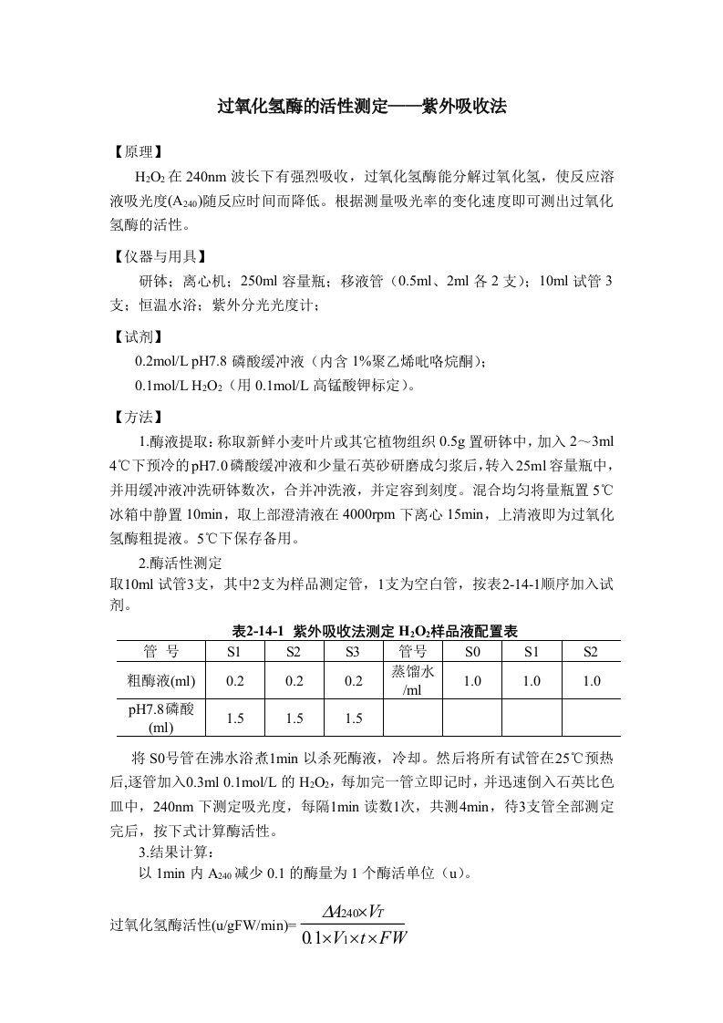 紫外吸收法测定-过氧化氢酶的活性(准确,无误)