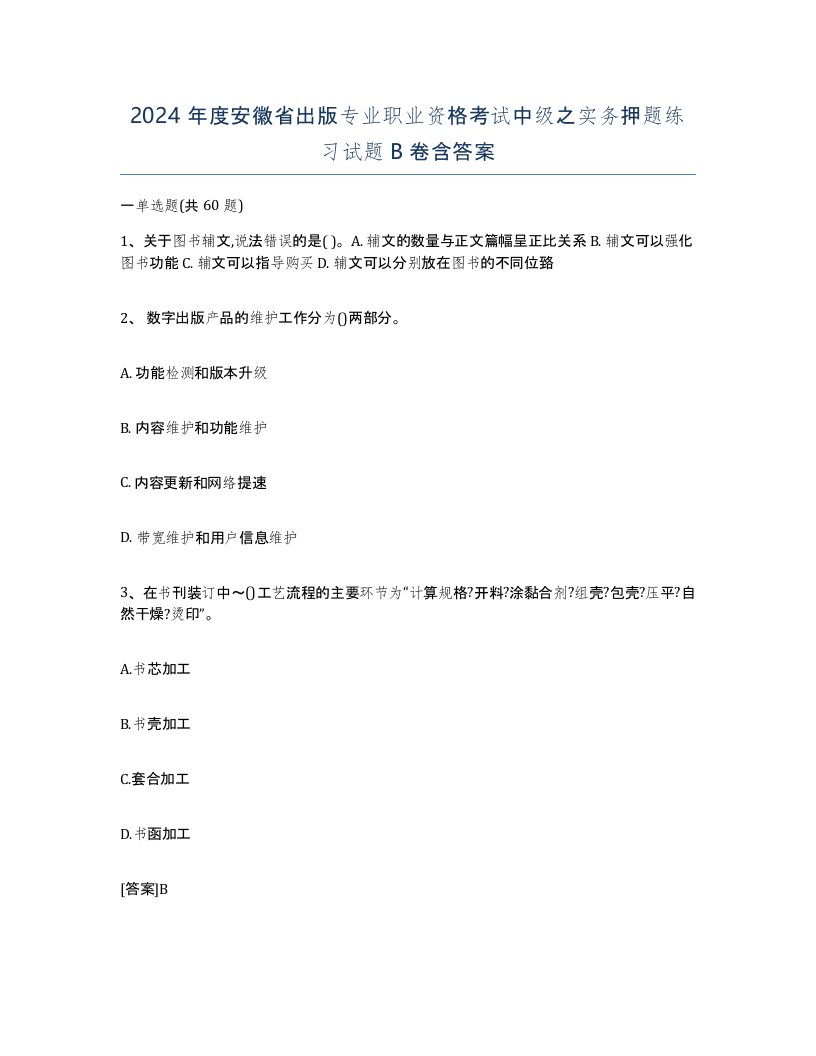 2024年度安徽省出版专业职业资格考试中级之实务押题练习试题B卷含答案