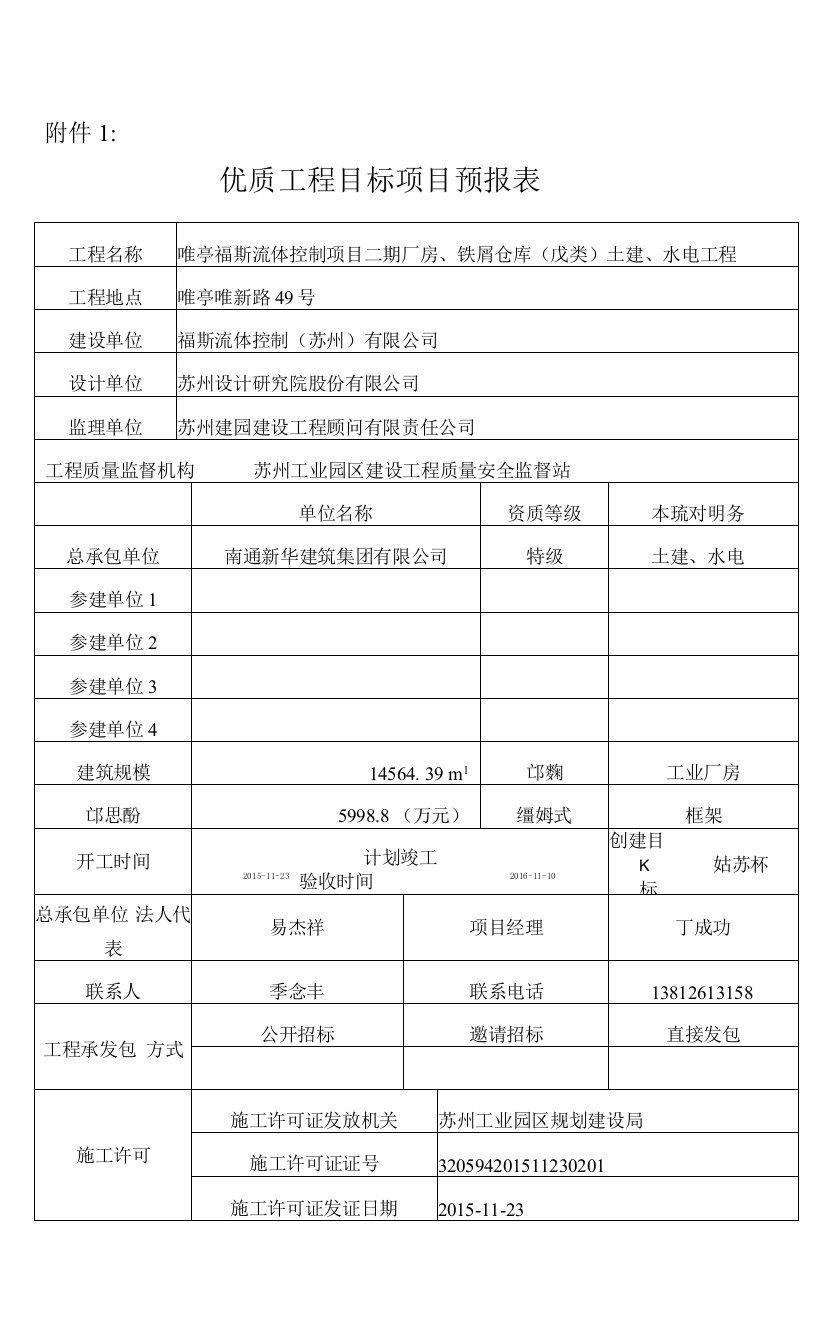 优质工程目标项目预报表