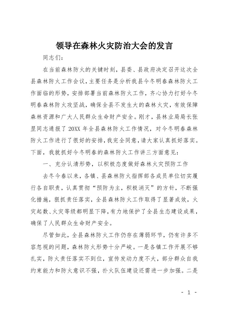 领导在森林火灾防治大会的发言