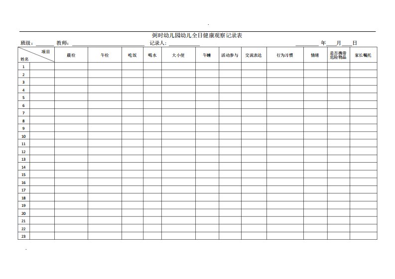 幼儿园全日健康观察记录表