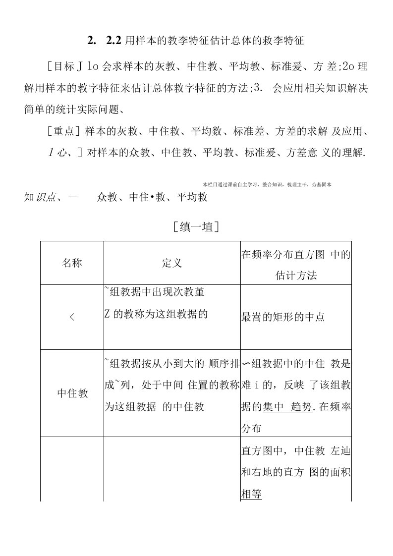 20202021学年数学3学案222用样本的数字特征估计总体的数字特征含解析