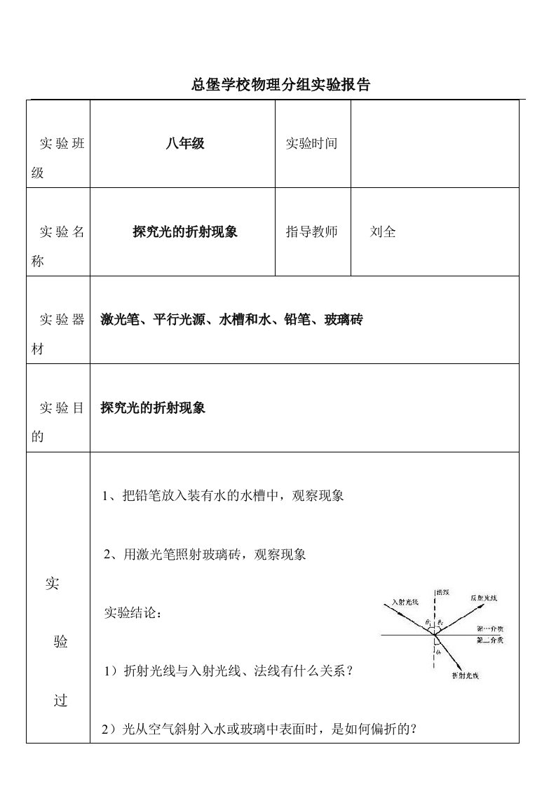 光的折射实验报告单