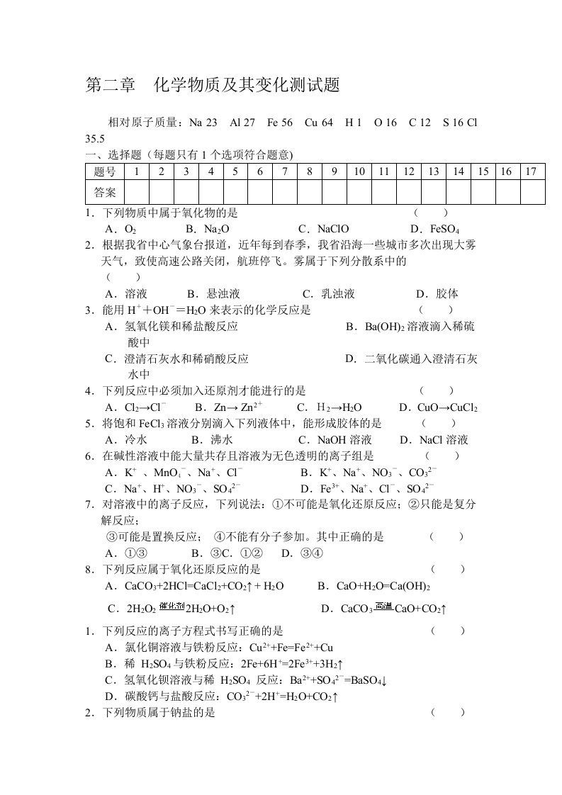 高一化学必修1第二章测试题及答案