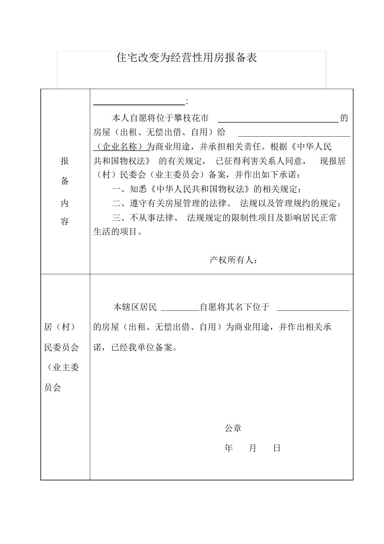 住改商报备表、登记表