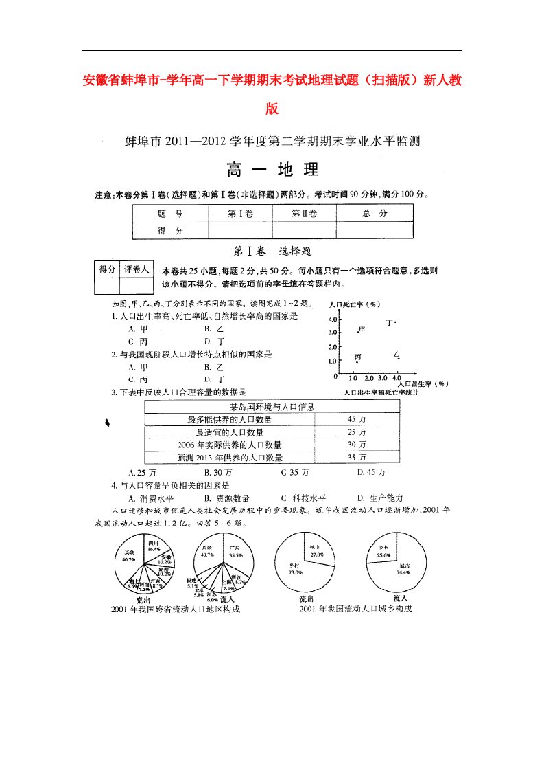 安徽省蚌埠市高一地理下学期期末考试试题（扫描版）新人教版