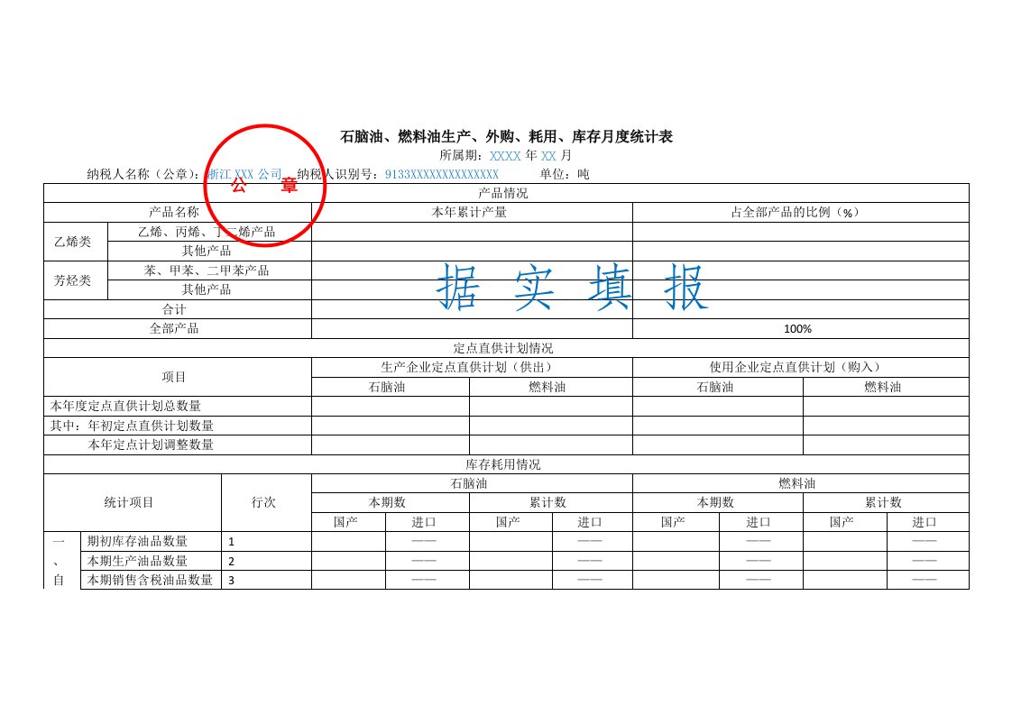 石脑油燃料油生产外购耗用库存月度统计表