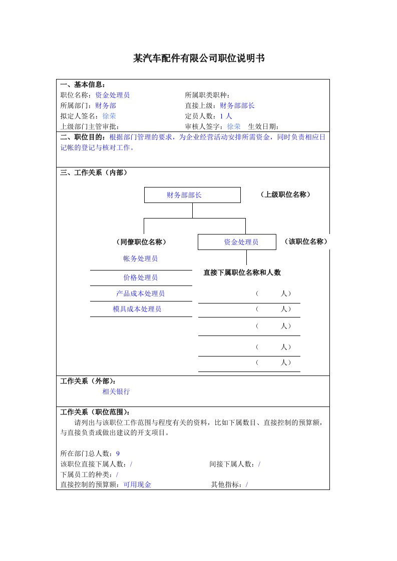 某汽车配件有限公司资金处理员职位说明书