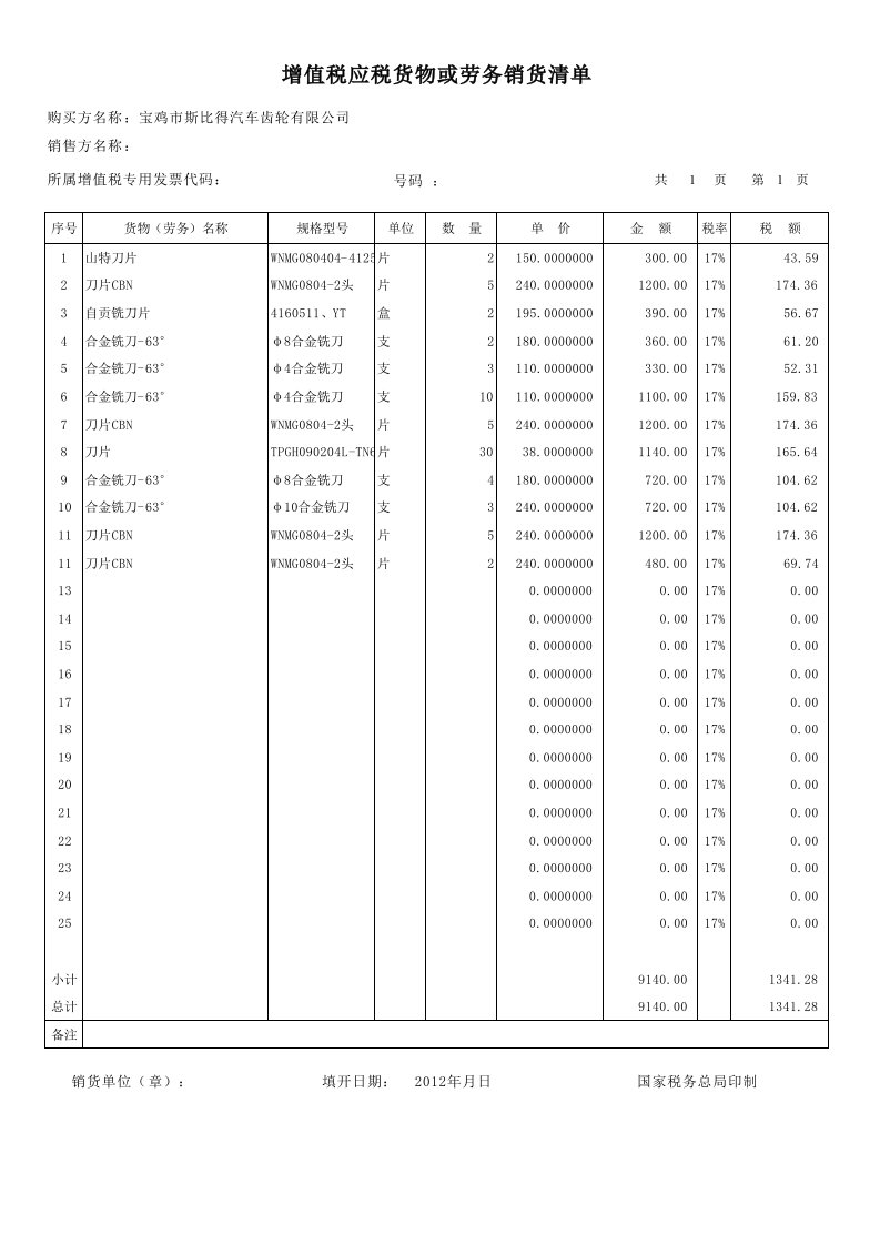 增值税发票清单模板