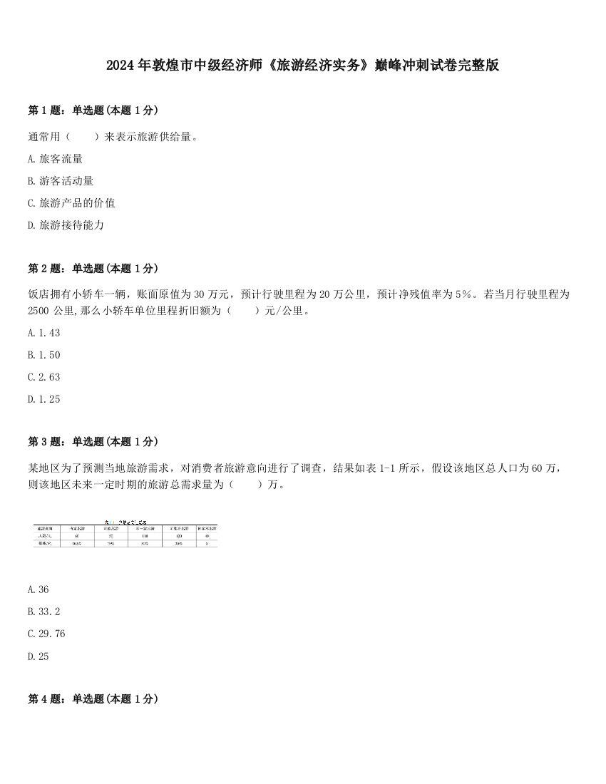 2024年敦煌市中级经济师《旅游经济实务》巅峰冲刺试卷完整版