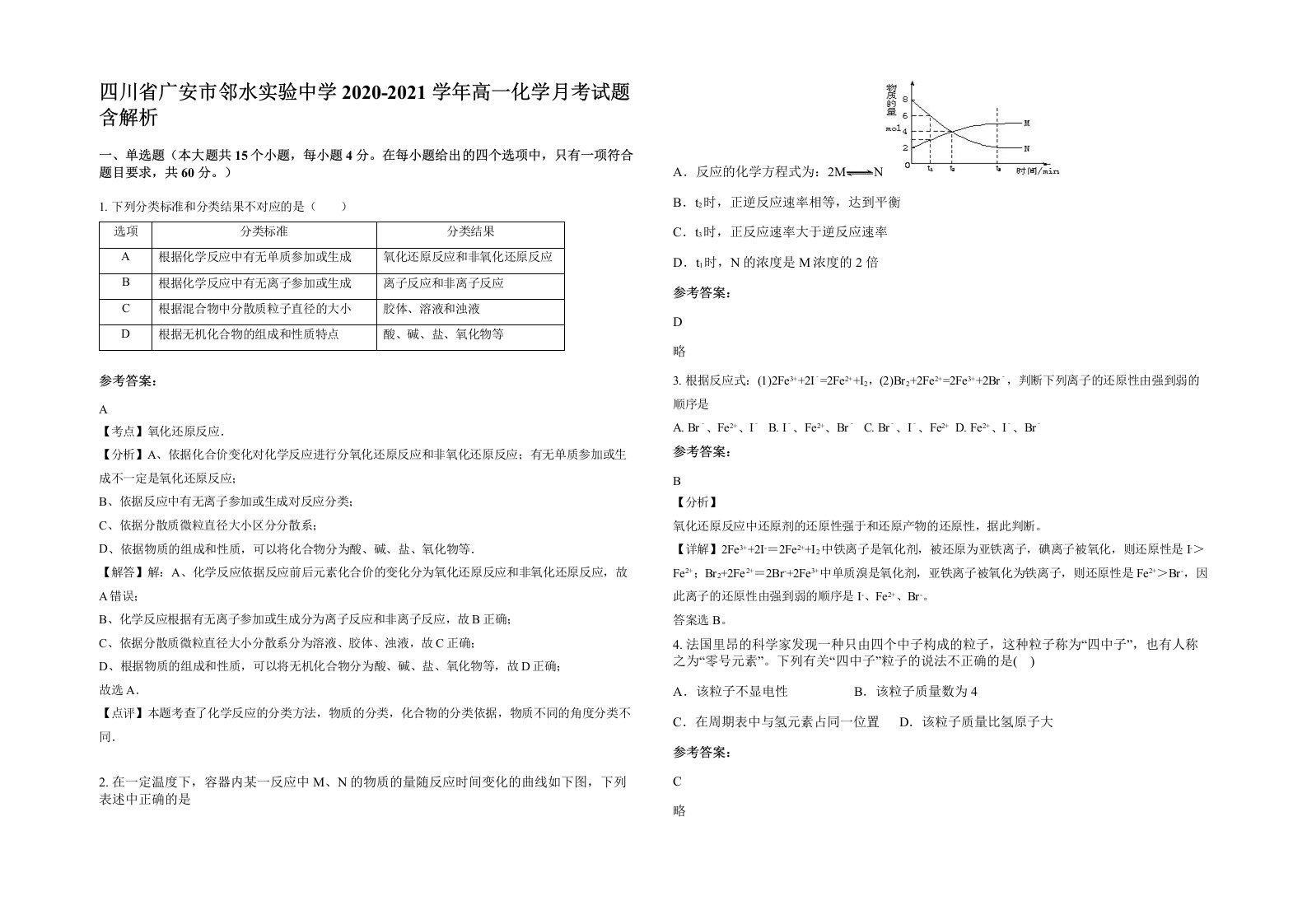 四川省广安市邻水实验中学2020-2021学年高一化学月考试题含解析