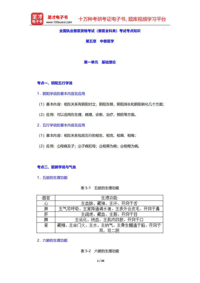 全国执业兽医资格考试(兽医全科类)考试考点知识(中兽医学)