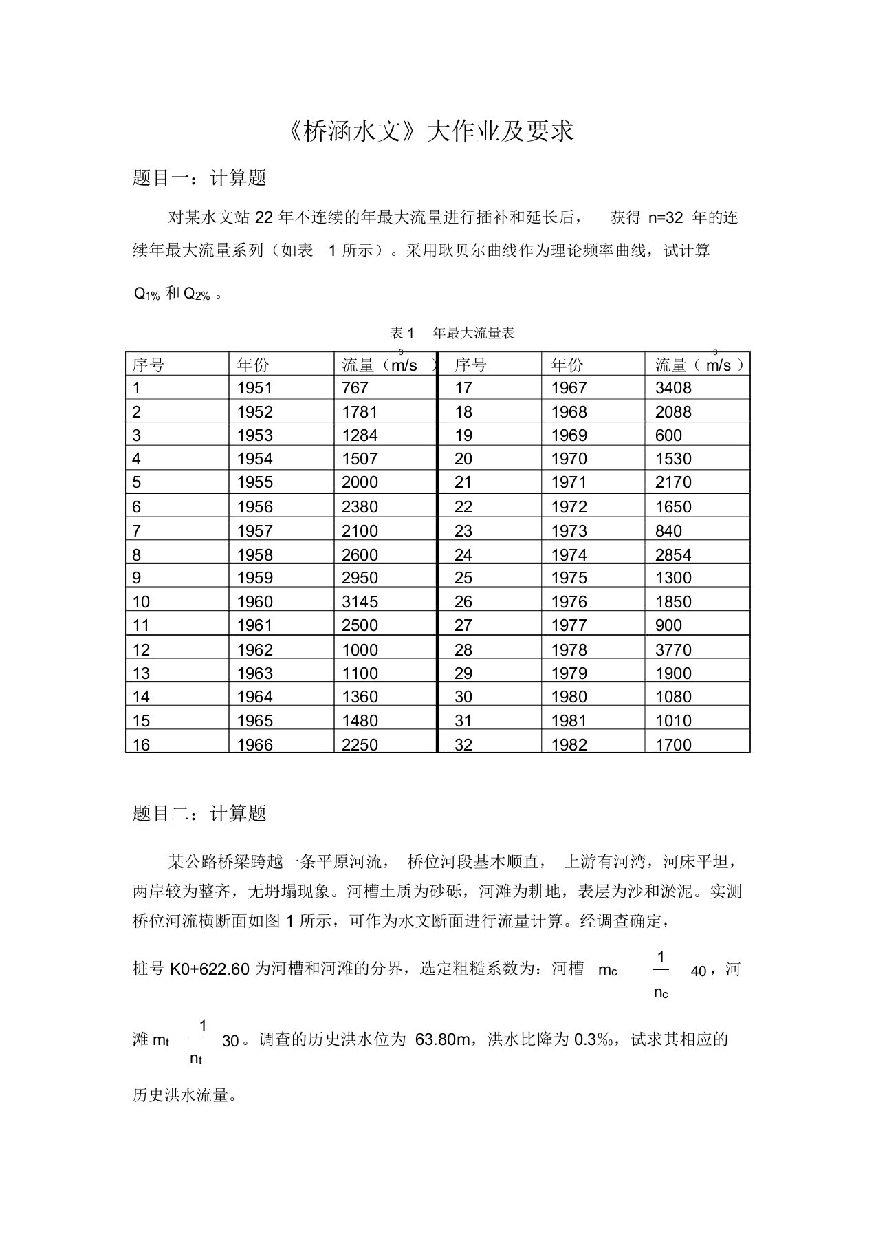 大工15春《桥涵水文》大作业与要求答案